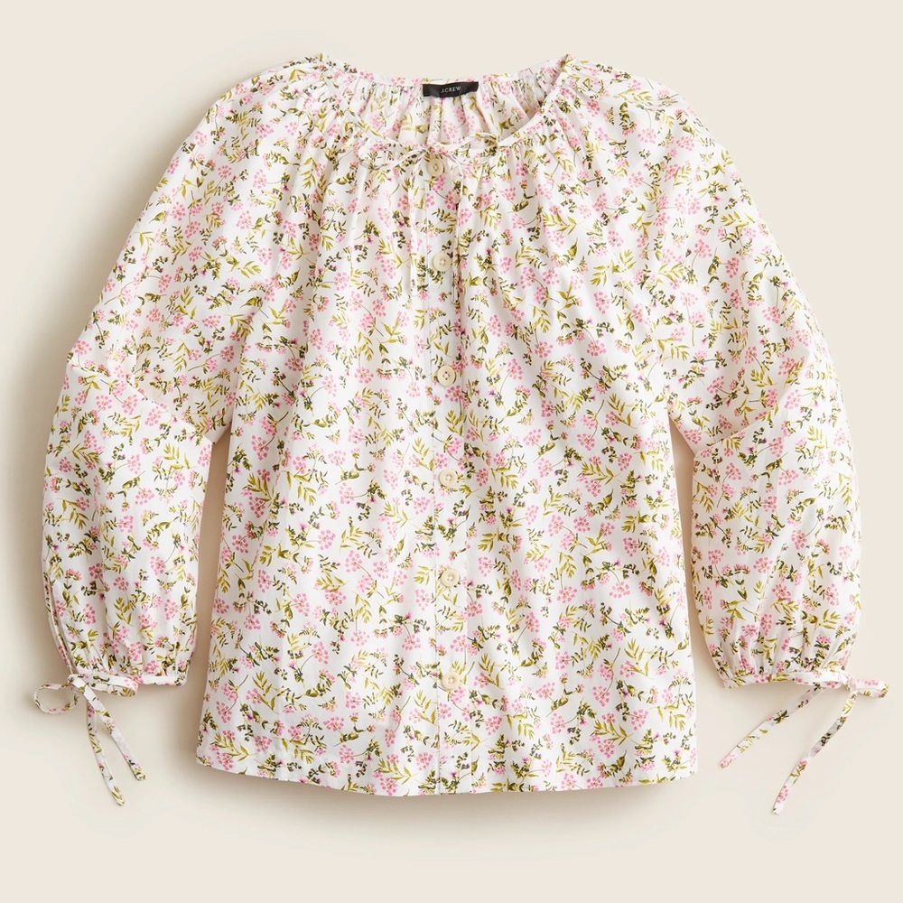 J. Crew Tie-Sleeve Button-Front Cotton Poplin Top in Meadow Floral Size S